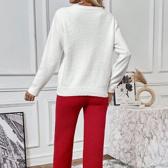 Red & White Casual Womens Heart Pattern Drop Shoulder Sweater & Knit Pants - Picture 2 of 5